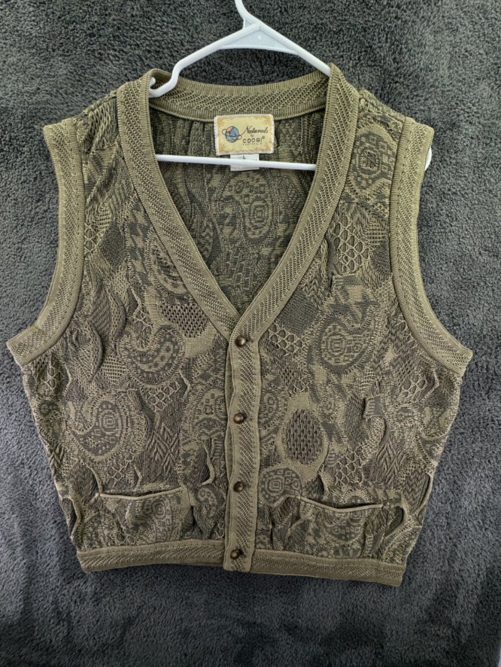 COOGI Naturals Sweater Vest Sleeveless Green Knit Geometric Cardigan Cotton L
